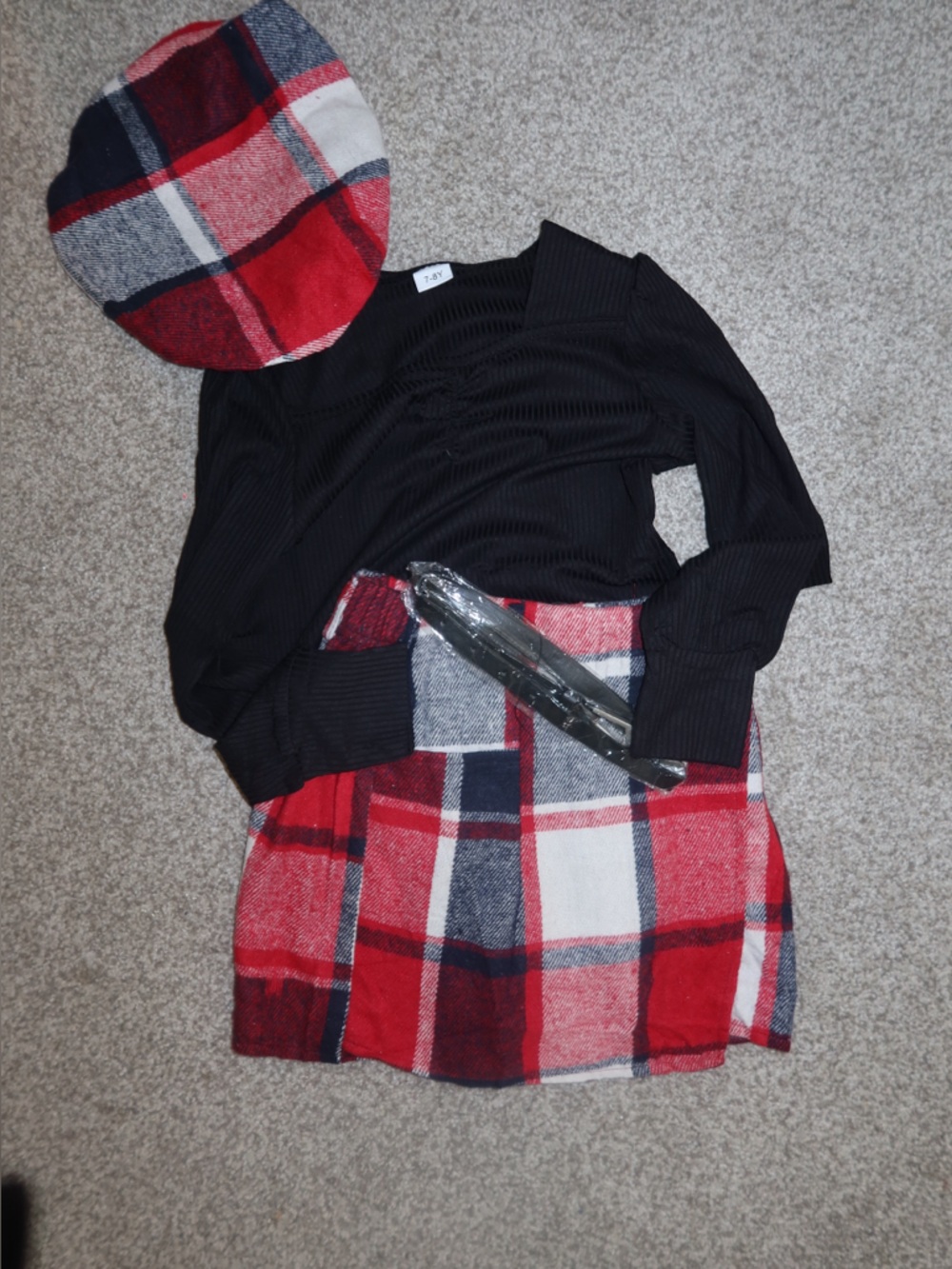 Girls Plaid Skirt Outfit Set w/ Hat & Belt – Black Top – Size 7/8